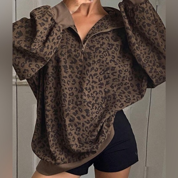 SHEIN Casual Zip Up Front Long Sleeve Leopard Print Sweatshirt - Picture 6 of 7